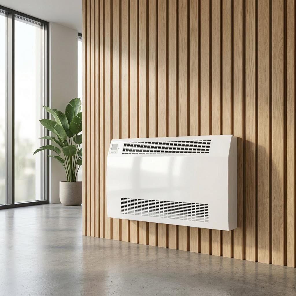 Ventilo-convecteur MAXA blanc en pose murale haute dans une pièce à mur en bois