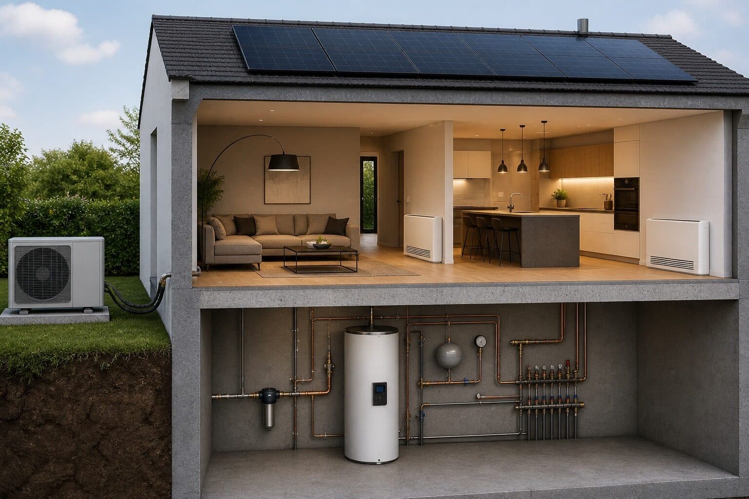 Coupe d'une maison individuelle : panneaux photovoltaïques en toiture, pompe à chaleur extérieure, ballon et ventilo-convecteurs