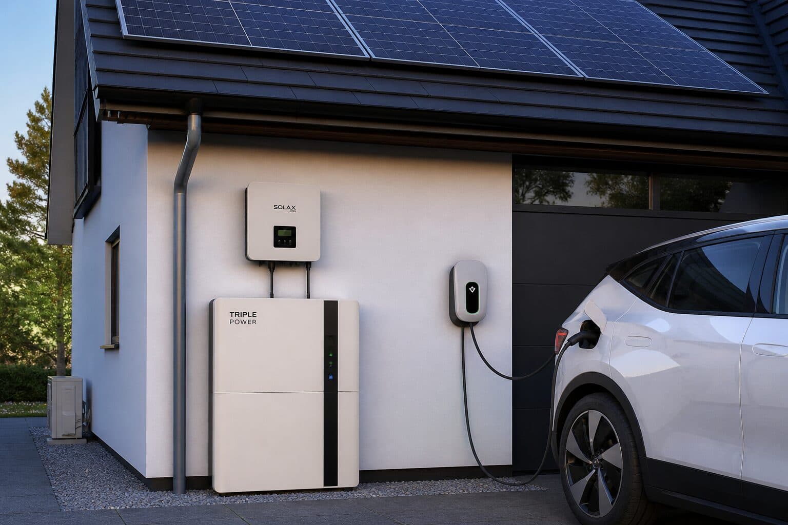 Onduleur, batterie de stockage et borne de recharge installés en façade, sous des panneaux photovoltaïques